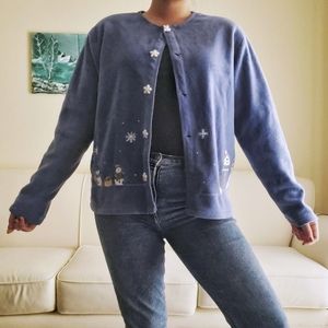 Vintage | Blue Fleece Christmas Cardigan • Size M